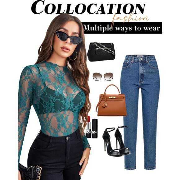 🆕Women’s Dark Blue Mesh Long Sleeve Mock Neck Sheer Floral Lace Top Blouse - Picture 3 of 7